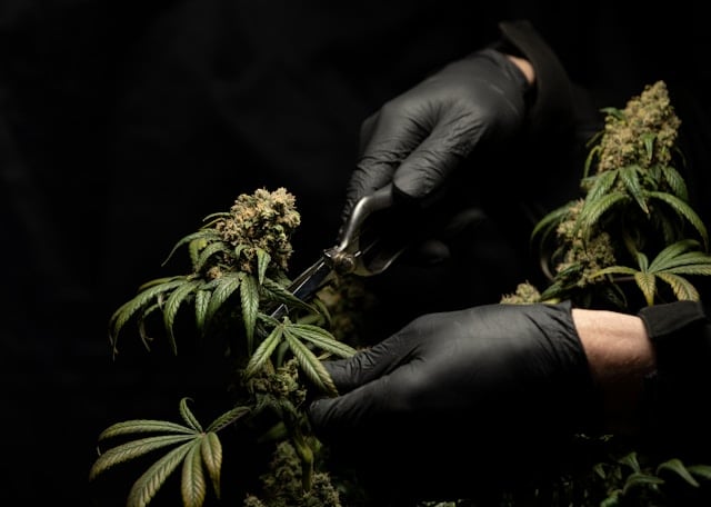 cannabinoïden uit de werking van hennepplanten halen met een handschoen aan en een mesje